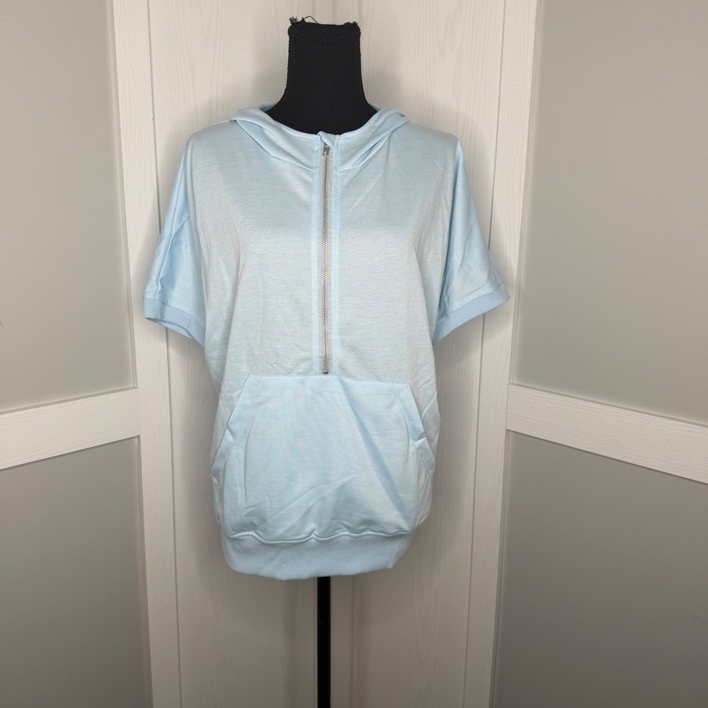 Yes Fashion Hoodie Women XL Blue Short Sleeve Quarter Zip Pullover Stretch